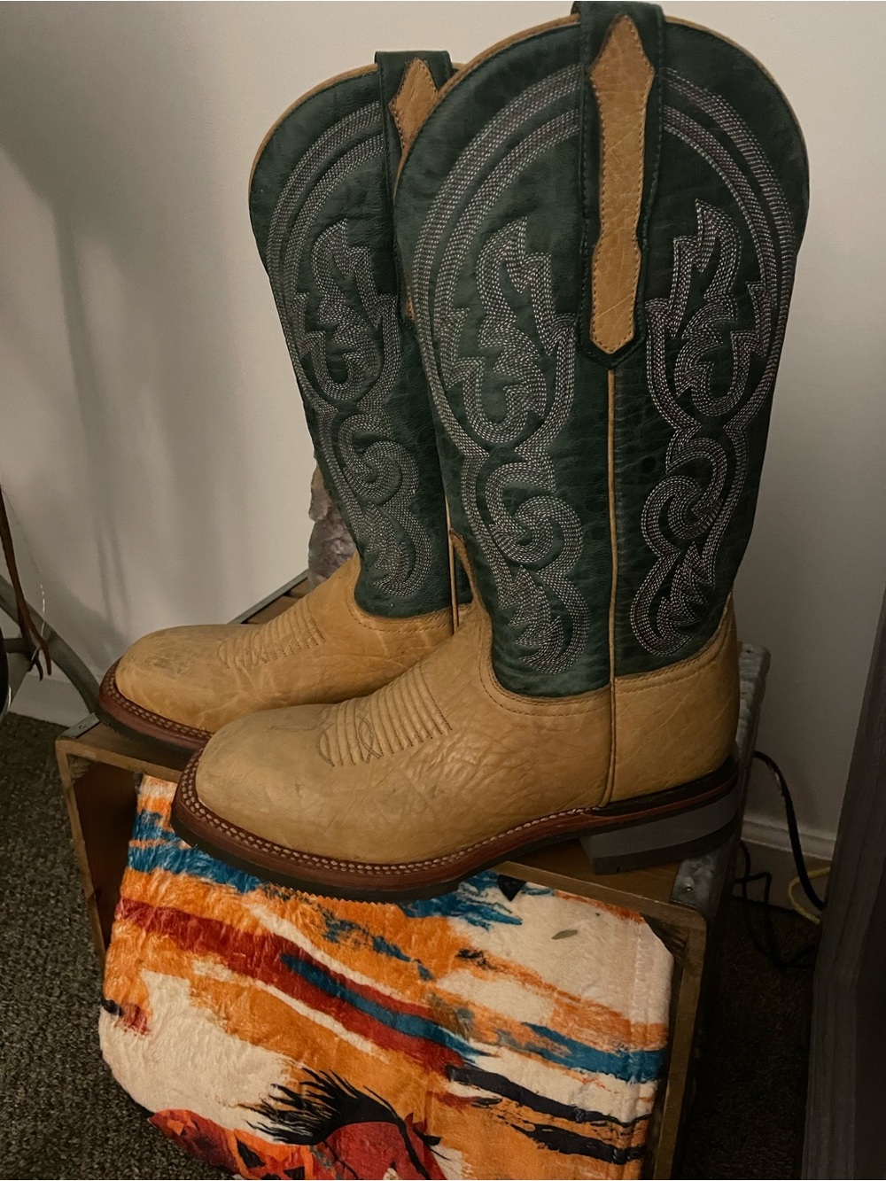 Lucchese Ruth Barn Boots Cognac Tan with green stitched  shaft. 7 B